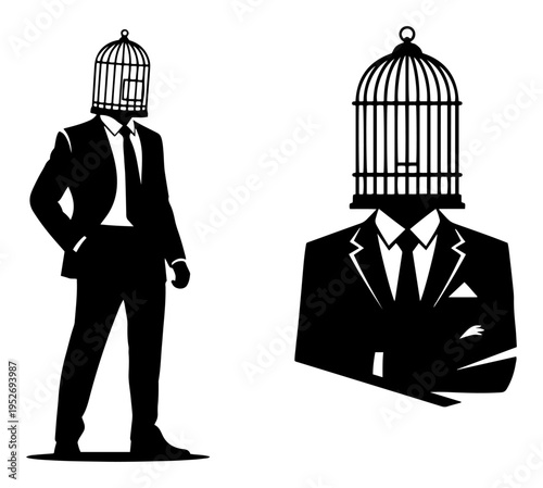 Businessman with birdcage head representing mental confinement or loss of freedom in surreal graphic style
