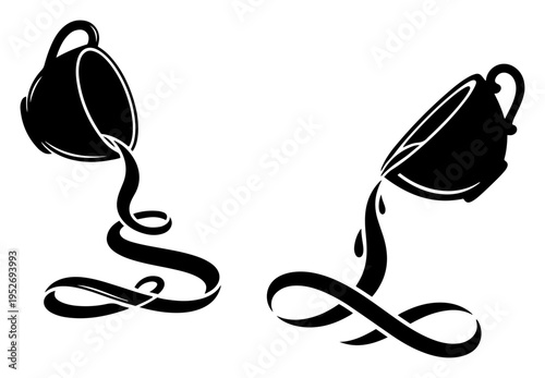 Cup pouring liquid forming infinity symbol representing endless coffee or flow in graphic style