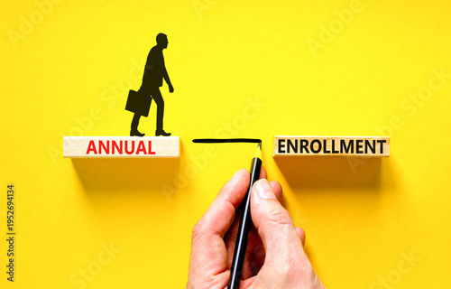 Annual enrollment words symbol. Concept words Annual enrollment on beautiful wooden blocks. Beautiful yellow background. Doctor hand. Medical and Annual enrollment words concept. Copy space.