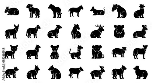 A large collection of black silhouette icons depicting various wild and domestic animals in a grid layout.
