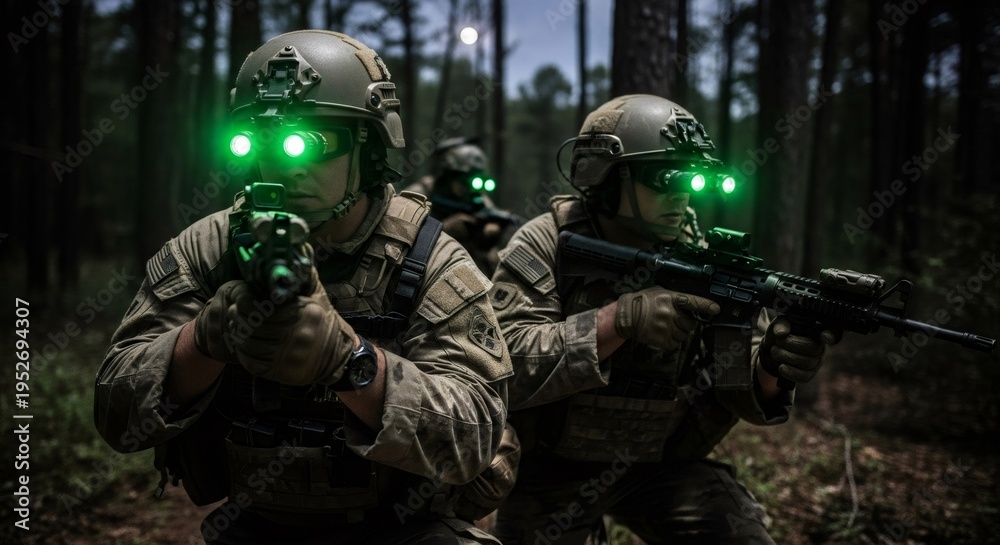 Obraz premium Soldiers in night vision goggles navigating forest. Special forces man with rifle during tactical night operation. Military equipment and army combat unit on covert mission at night.