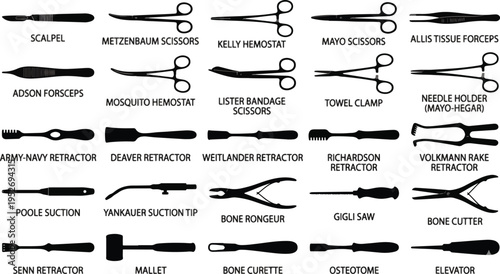 Comprehensive Collection of Professional Surgical and Medical Instrument Silhouettes: High-Resolution Minimalist Vector Icons on Isolated White Background for Healthcare Education and Clinical Documen