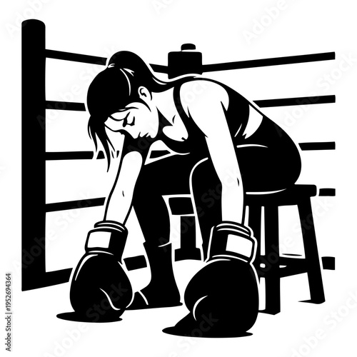 Exhausted female boxer sitting in ring corner after fight for defeat or tiredness concept in graphic style