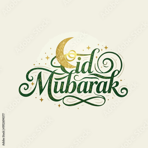 Eid Mubarak Green Script with Golden Crescent & Stars...!!