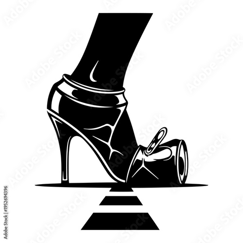 High heel shoe crushing metal soda can for power or destruction concept in bold graphic style