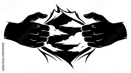 Hands tearing open surface to reveal cloudy sky in linocut style