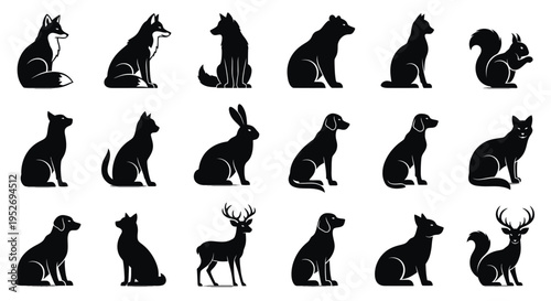 A collection of various wild and domestic animal silhouettes in black, including foxes, wolves, bears, squirrels, cats, rabbits, dogs, and deer.