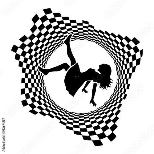 Woman falling through checkered optical illusion tunnel in surreal graphic style