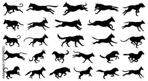 Collection of black animal silhouettes depicting various running and jumping poses on a white background, showcasing different species in motion.