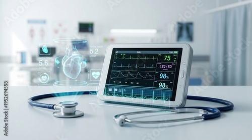 Heart hologram, medical technology, healthcare, cardiology, stethoscope, patient monitoring, digital health interface displaying vital signs and ECG data in a futuristic clinic.