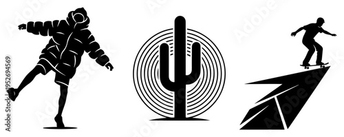 Street style icons set with puffer jacket character cactus and skateboarder on paper plane