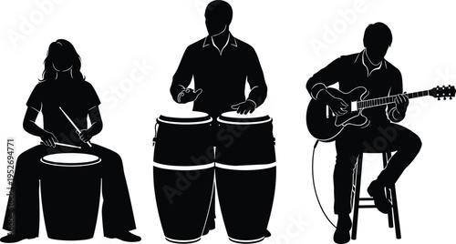 Black Silhouette Illustration of a Musical Trio Featuring a Female Drummer, Male Percussionist Playing Conga Drums, and a Guitarist Sitting on a Stool
