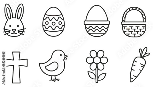Easter icon set with bunny, eggs, basket, and spring symbols
