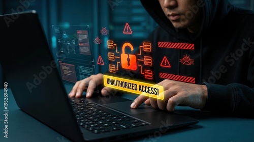 Wallpaper Mural hacker, cloud security breach, unauthorized access, cybercrime, data theft, network security, digital threat, illustrating a cyber attack on cloud servers with warning icons. Torontodigital.ca