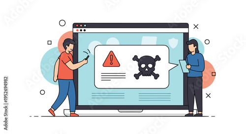 Cybersecurity alert and malware detection concept with a computer screen showing a warning message and a skull and crossbones icon.