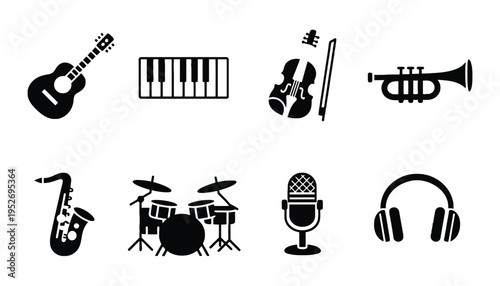 Music instrument vector icons set for creative projects and designs