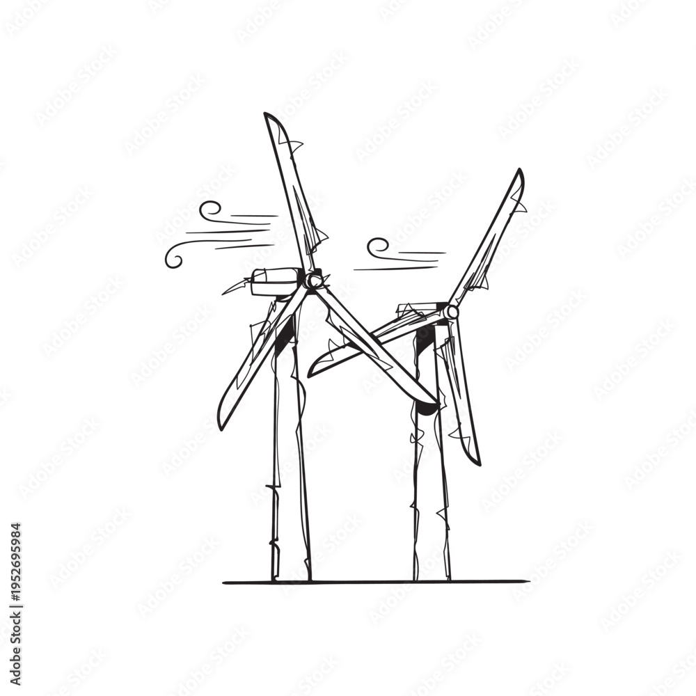 Fototapeta premium Two Wind Turbines with Wind Swirls Hand Drawn Sketch Vector