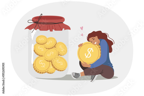 Woman saves and accumulates money to achieve financial security, sits near large jar of coins. Girl cares about financial security and stability, wanting to be confident in own future