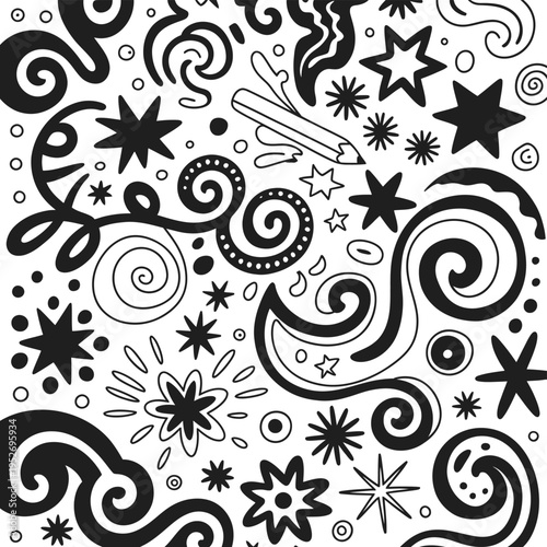 vector background of bold hand drawn marker style swirls, stars, squiggles, and random ink patterns, artistic sketchy texture for creative design, decoration, and illustration projects.