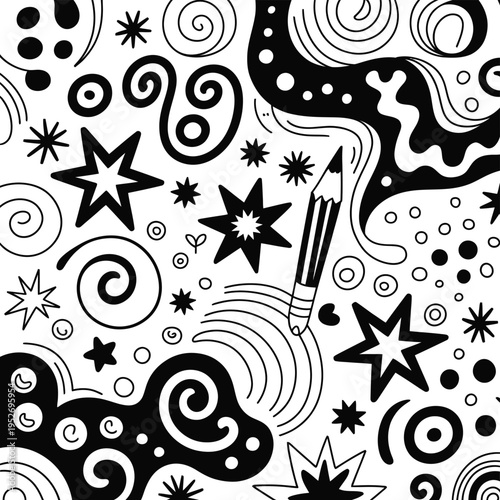 vector background of bold hand drawn marker style swirls, stars, squiggles, and random ink patterns, artistic sketchy texture for creative design, decoration, and illustration projects.