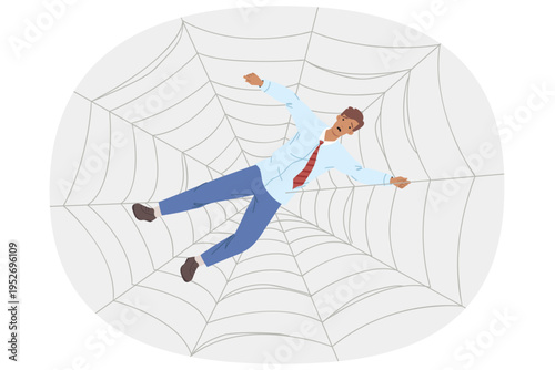 Trap for business man in form of cobweb symbolizes network of fraudsters want to steal money. Guy, investor, fell into trap of scammers who offered high earnings from invested funds.