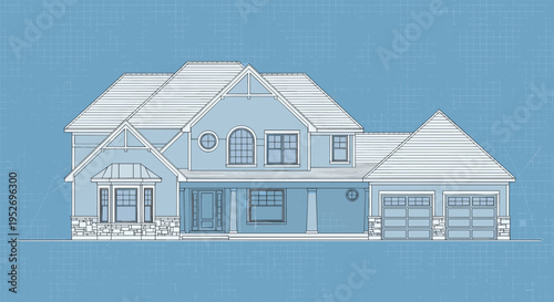 Modern house blueprint illustration, architectural home design, residential building plan, technical drawing style, construction concept, detailed exterior elevation artwork