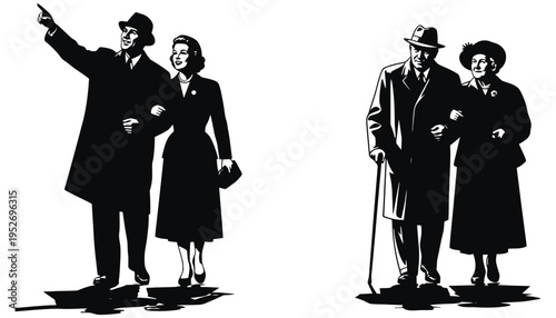 A couple walks arm in arm, one pointing to the distance.