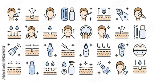 Ultrasonic Facial Cleansing Icon Set: Color Flat Editable Vectors for Beauty Devices, Cosmetology Training, and Clinic Use