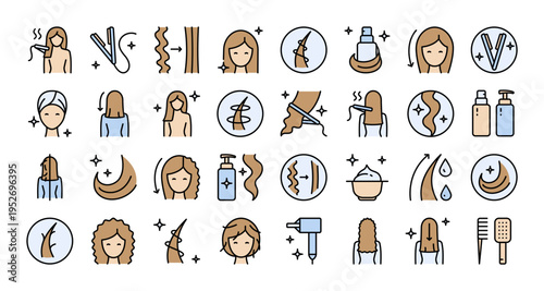 Keratin Hair Straightening Icon Set: Color Flat Editable Vectors for Spa Marketing and Professional Styling Guides