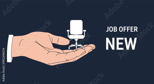 New job opportunity and recruitment concept featuring a large hand holding a small office chair against a dark blue background.