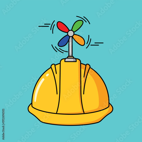 Yellow safety hard hat with colorful spinning propeller on top vector illustration for goofy construction worker humor or playful safety gear concept