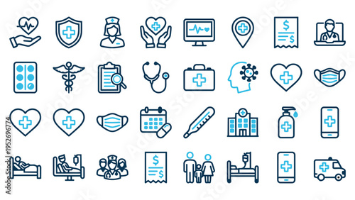 Medical and Healthcare Line Icon Set in Blue and Navy