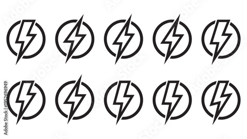 Lightning Bolt Icons in Circles - Electricity, Power, and Energy Symbol Set