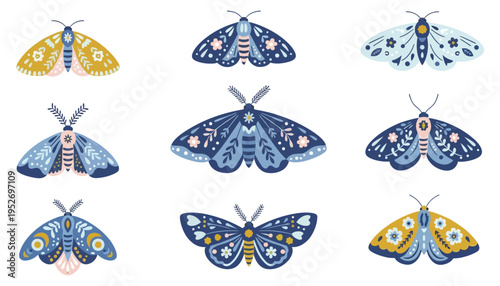 A collection of nine decorative moths with intricate patterns.