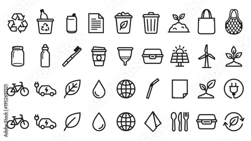 Ecology and Sustainability Line Icon Set - Recycling, Green Energy, and Zero Waste Symbols