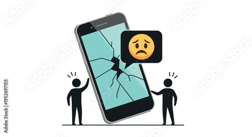Broken phone screen and device repair concept with two tiny figures looking at a large cracked smartphone with a sad emoji.