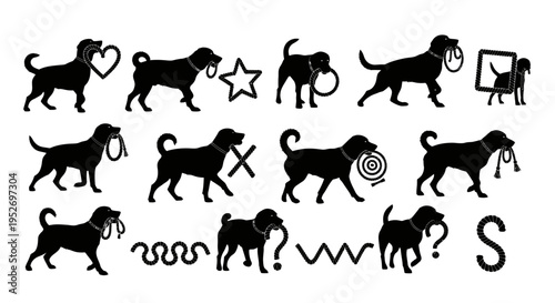 Black dog silhouettes in various poses and with different objects.