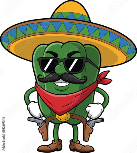 Cartoon green bell pepper character wearing a sombrero, sunglasses, and a red bandana with guns in holsters