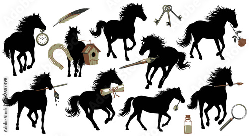Collection of horse silhouettes and objects.