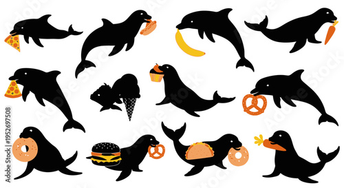 Dolphins eating various fast food items.