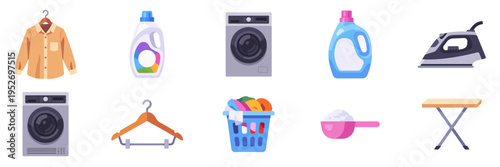 Set of laundry icons, washer, dryer, iron, detergent, hanger, colorful collection with vector flat illustrations
