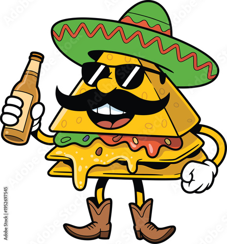 Cartoon nacho character wearing sombrero and sunglasses holding a beer bottle
