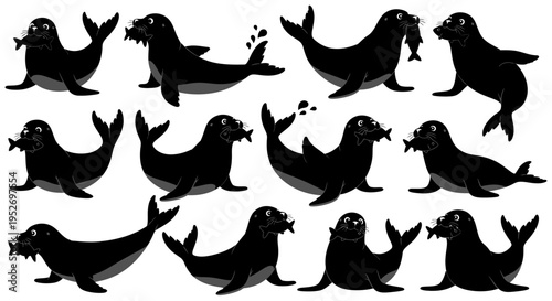Seal silhouettes in various playful poses.