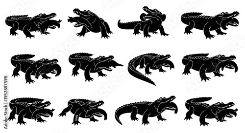 Collection of various crocodile silhouettes.