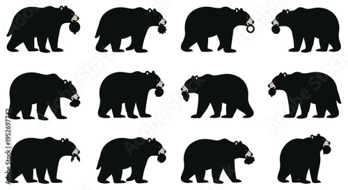 Collection of black bear silhouettes walking.