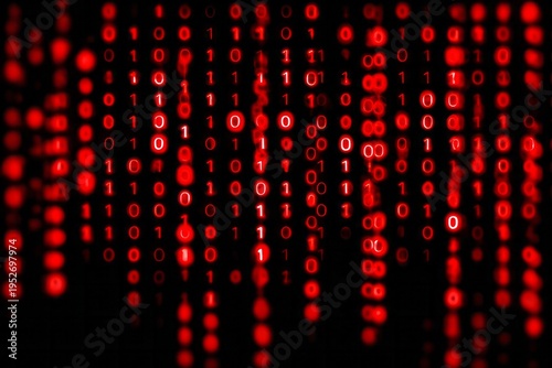 Fluorescent red binary code streams downward across a dark, digital background.