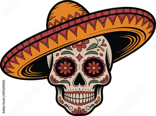 Sugar skull with sombrero hat, dia de los muertos mexican holiday illustration