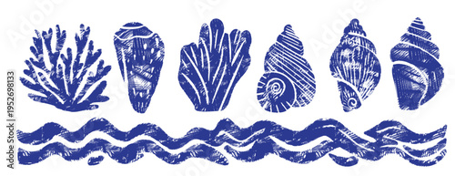 Blue seashell and coral collection: vector linocut set of marine shells, conch, snail and waves. Indigo woodcut illustration with scribble hatching texture, nautical maritime scene isolated on white