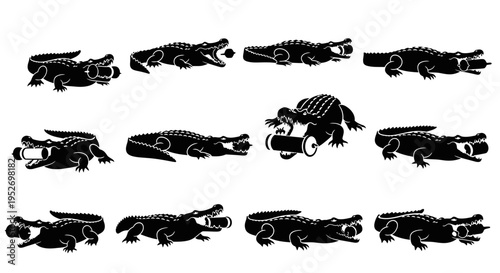 A collection of black silhouette illustrations depicting crocodiles and alligators in various dynamic poses, some with open mouths and playful elements.