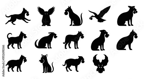 Black silhouettes of various animals carrying objects in their mouths, including dogs, cats, an owl, and a bird, arranged on a white background.